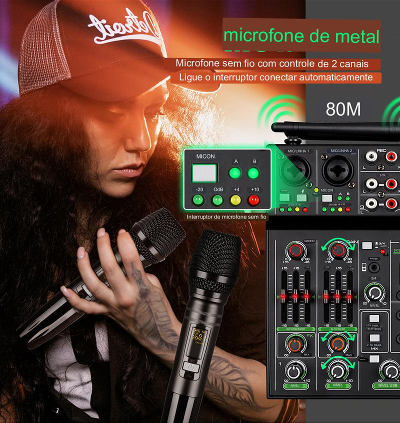 Mesa de Som R4-Pro Mixer 4 canais com 2 Microfones sem fio | LunoSom