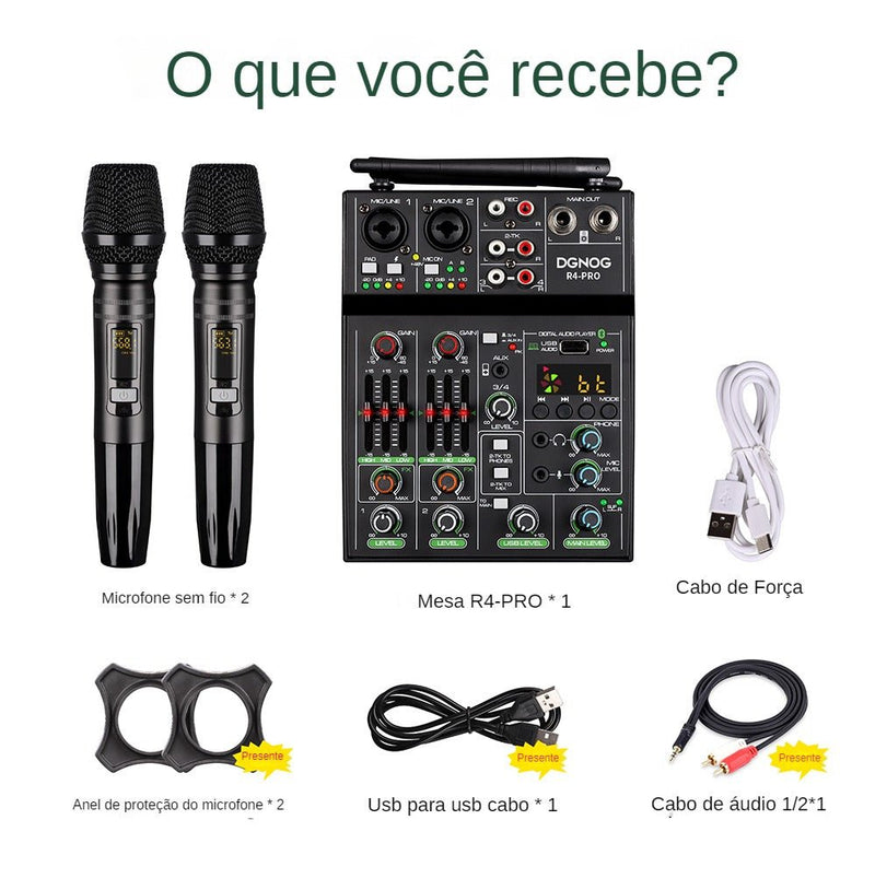 Mesa de Som R4-Pro Mixer 4 canais com 2 Microfones sem fio | LunoSom