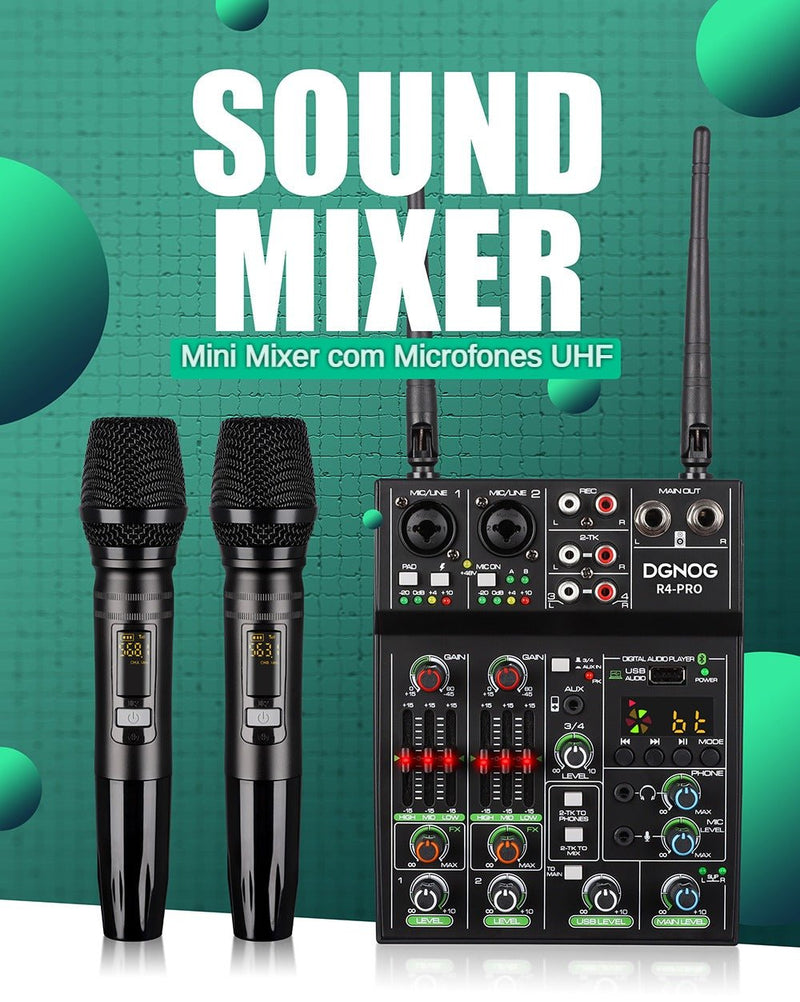 Sound Mixer 4 canais com 2 Microfones UHF