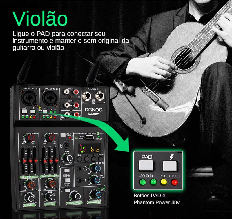 Mesa de Som R4-Pro Mixer 4 canais com 2 Microfones sem fio | LunoSom