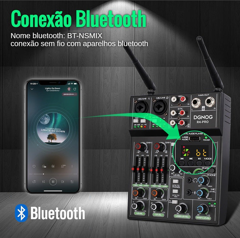 Mesa de Som R4-Pro Mixer 4 canais com 2 Microfones sem fio | LunoSom