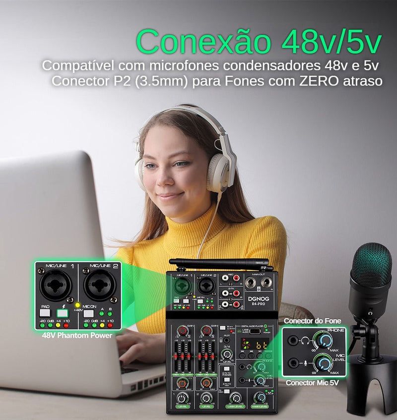 Mesa de Som R4-Pro Mixer 4 canais com 2 Microfones sem fio | LunoSom