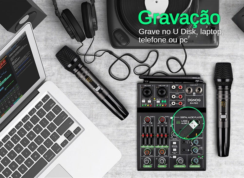 Mesa de Som R4-Pro Mixer 4 canais com 2 Microfones sem fio | LunoSom